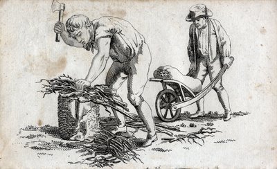 Tremenn lager bunter av ved og mann som bærer bunter på en trillebår. Sluttgravering av 1700-tallet. Privat samling. av Unknown artist