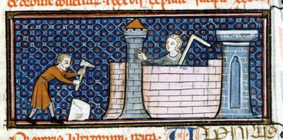 Arbeidere som bygger et befestet kloster, miniatyr fra midten av 1200-tallet. Biblioteca Trivulziana. av Unknown artist