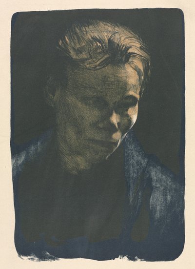 Arbeidende kvinne med blått sjal av Unknown artist