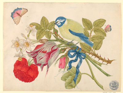 Gul-og-blå fugl på bukett med roser, tulipaner og påskeliljer, med sommerfugler av Unknown artist