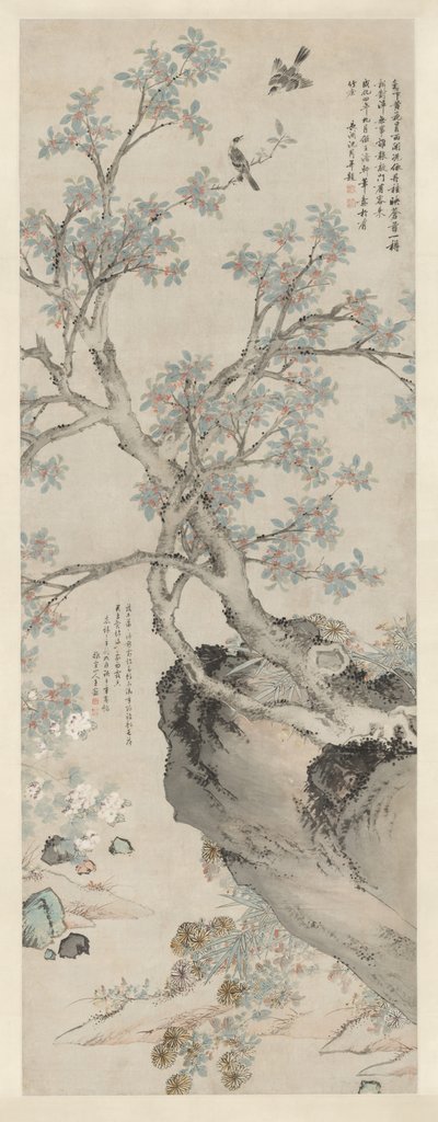 Gule krysantemum og rød osmanthus i stil med Wang Yuan av Unknown artist