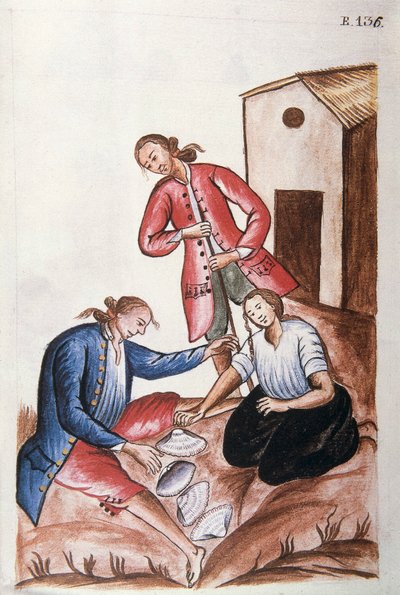 Unge indianere som spiller skjellspillet, fra boken "Trujillo del Peru" eller "Códice Martínez Compañón", av Baltazar Martinez Compañón y Bujanda, biskop av Trujillo (1782-1785) av Unknown artist