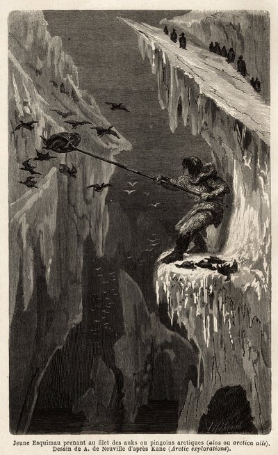 Ung eskimau som fanger arktiske pingviner. Gravering for å illustrere reisen til det frie havet på den arktiske polen, av doktor Hayes, kirurg ved den amerikanske marinen, i 1860-1862, publisert i "Le tour du monde, nouveau journal des voyages", redigert a av Unknown artist