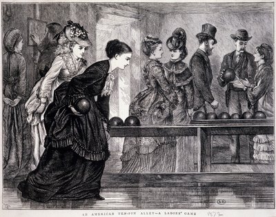 Unge kvinner som spiller bowling, i USA, ca. 1870 - gravering av Unknown artist