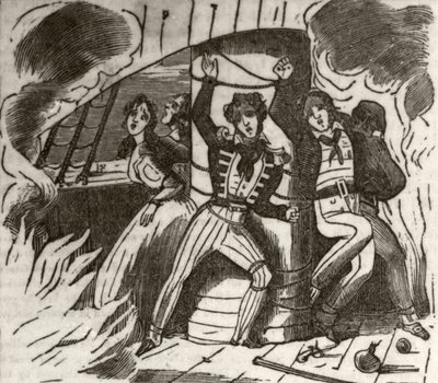 Zampa, den algerinske korsaren: 'Kapteinen, en ung dame, og en del av mannskapet på et engelsk fartøy, bundet til hovedmasten og brent i hjel', ca. 1836 av Unknown artist