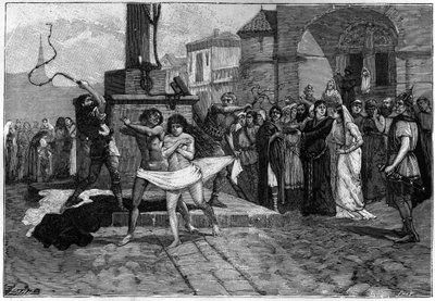 en mann og en kvinne utroskaper blir pisket på torget i en landsby i Frankrike i middelalderen. Gravering fra 1800-tallet som illustrerer franskmennenes moral. av Unknown artist