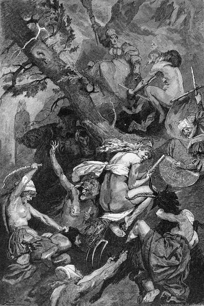 feiring av Valborgsnatten, av hekser på en sabbat. Gravering av 1800-tallet av Unknown artist