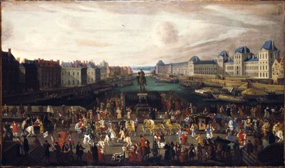 Pont-Neuf, sett fra inngangen til Place Dauphine, Quai Malaquais med Collège des Quatre-Nations under bygging, Grande Galerie og Louvre, rundt 1665. Passasje av en prosesjon på broen, mellom 1665 og 1669 (olje på lerret) av Unknown artist