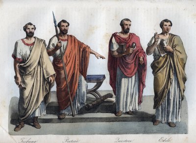 sorenskrivere i det gamle Roma - Tribunus (Tribune) - praetor (Preteur) (Magistrate) - Quaestores (Quaestors) - aediles (ediles) gravering fra "" Skikker og skikker for alle folkeslag i universet. Eller historien om regjeringen, lovene, militsen, kongen av Unknown artist