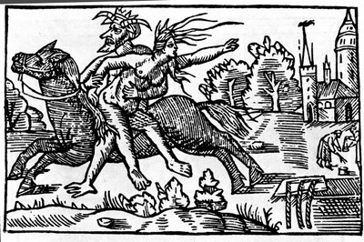 djevelen tar bort en heks fra en hest og tar henne med til helvete. Xylografi fra 1500-tallet av Unknown artist