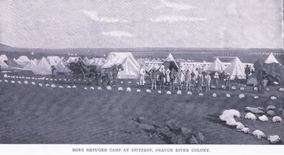 Boer flyktningleir ved Spitzkop, Orange River-kolonien, fra After Pretoria: The Guerilla War utgitt av Harmsworth Bros Limited av Unknown photographer