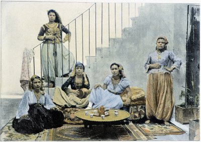 Mauriske kvinner i Alger tar te - autokrom, sent på 1800-tallet av Unknown photographer