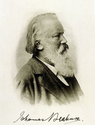 Portrett av Johannes Brahms (1833 - 1897), tysk komponist på et autograffotografi. av Unknown photographer