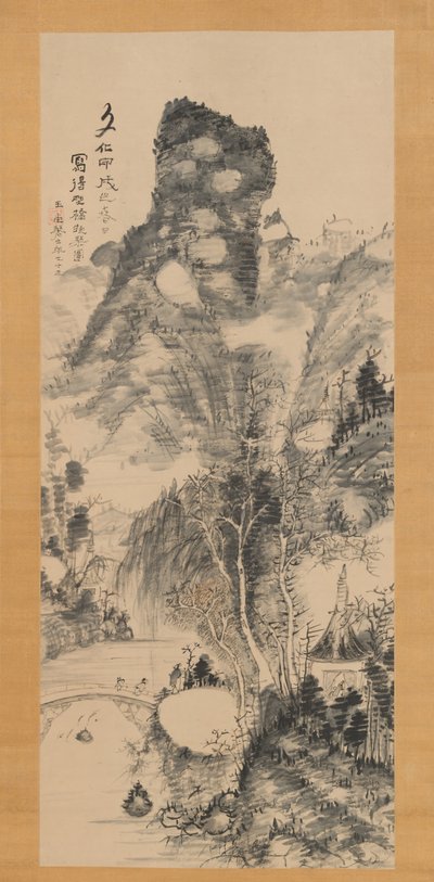På en rustikk bro, bærer en siter Yakyo hokin zu, 1814. av Uragami Gyokudo