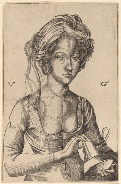 En bystefigur av en tåpelig jomfru som holder sin omvendte lampe av Urs Graf I after Martin Schongauer