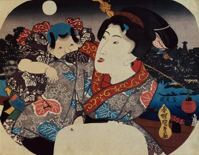 En kvinne som bærer et barn på ryggen (treblokktrykk) av Utagawa Kunisada