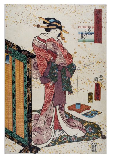 Dame med hånd på lakkert lerret, Edo-perioden, ca. 1857 (tresnitt på papir) av Utagawa (1786-1865) Kunisada