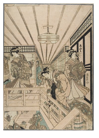 Scene fra Shin Yoshiwara (triptykon). Bordellinteriør i Yoshiwara-kvartalet med kurtisaner og klienter, ca. 1830–1843 (tresnitt på papir) av Utagawa (1786-1865) Kunisada