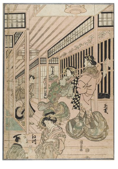 Scene fra Shin Yoshiwara (triptykon). Bordellinteriør i Yoshiwara-kvartalet med kurtisaner og klienter, ca. 1830–1843 (tresnitt på papir) av Utagawa (1786-1865) Kunisada