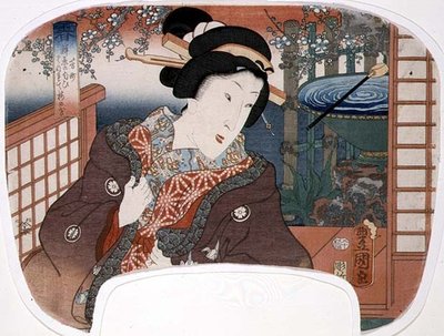 Våren, Yoshi-cho; En geisha i en hage, design for en vifte fra et sett på fire som illustrerer årstidene av Utagawa Kunisada
