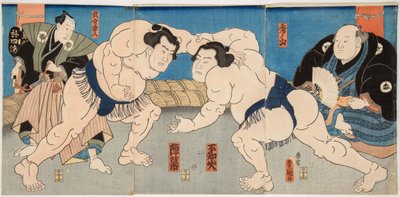 Combat des lutteurs de sumo Shiranui et Jimmaku. Estampe de Utagawa Kunisada (1786-1865), vers 1860 -- Brytekamp Shiranui vs Jimmaku, av Kunisada (Toyokuni III), Utagawa (1786-1865). Fargetresnitt av Utagawa Kunisada