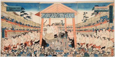 Kanjin Ozumo (prosesjon av sumobrytere for en innsamlingskamp). Trykk av Utagawa Kunisada (1786-1865) - Kanjin Ozumo, av Kunisada (Toyokuni III), Utagawa (1786-1865). Fargetresnitt, ca. 1850. Mål : 37,5x75,5 cm. Privat samling av Utagawa Kunisada