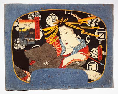 Courtesane med lang pipe, Hachiman-tempel i innfelt til venstre av Utagawa Kunisada