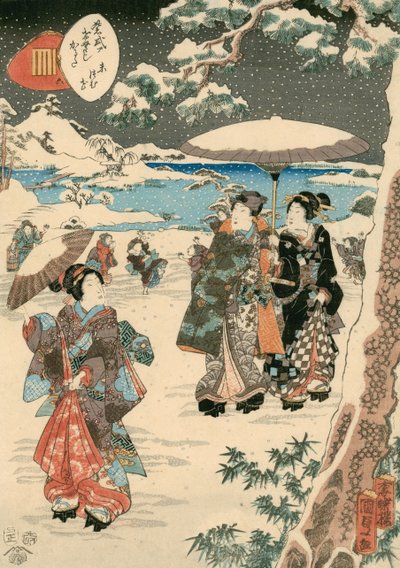 Figurer med parasoller i snø (En scene fra The Tale of Genji) (fargetresnitt på papir) av Utagawa (1786 1865) Kunisada