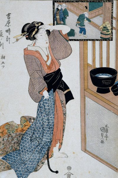 Hour of tiger, seventh hour of morning, Ca 1818, Ukiyo-e kunsttrykk av Utagawa Kunisada (1786-1865) fra De tolv timene i Yoshiwara, Oban-tate-e tresnitt, 37x24,9 cm, japansk sivilisasjon av Utagawa Kunisada