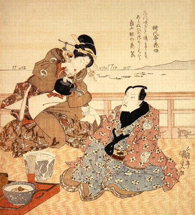 Onoe Kikugoro III tar te på Shinagawa, ca. 1825 (farget treblokktrykk) (se også 282741) av Utagawa Kunisada