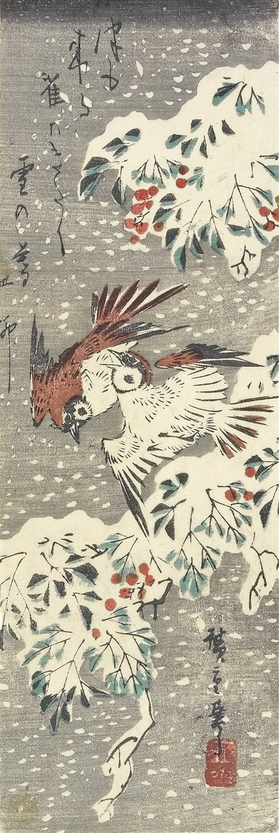 (Himmelsk bambus og spurver i snø), 1830-1858 av Utagawa Hiroshige