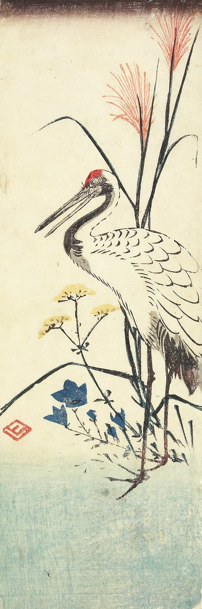 (Pampas Grass, Patrinia, kinesisk klokkeblomst og en trane), 1830-1858 av Utagawa Hiroshige