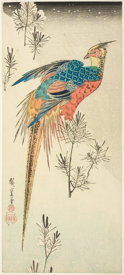 En gullfasan plassert på en bratt snødekt åsside blant små furuplanter av Utagawa Hiroshige