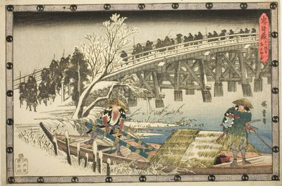 Act 11, Part 1: The Approach to the Night Attack (Juichidanme ichi, yochi oshiyose), fra serien "The Revenge of the Loyal Retainers (Chushingura)" av Utagawa Hiroshige