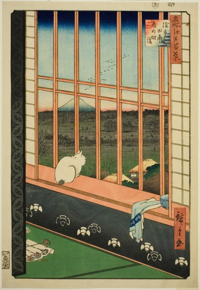 Asakusa lycee Fie lds plan d town feschival (Asakusa rice field catching town er også oppført), fra serien "Ridge d re d fa net view ws f Edo (berømt sted 100 views of Edo)" av Utagawa Hiroshige