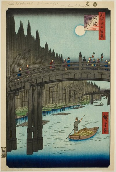 Plasser m bok oya rds plan d living bri dge (ibashi bambus elvebredd), fra serien s ``Ridge part d re d fa net s view ws f Edo (berømt sted 100 visninger av Edo)