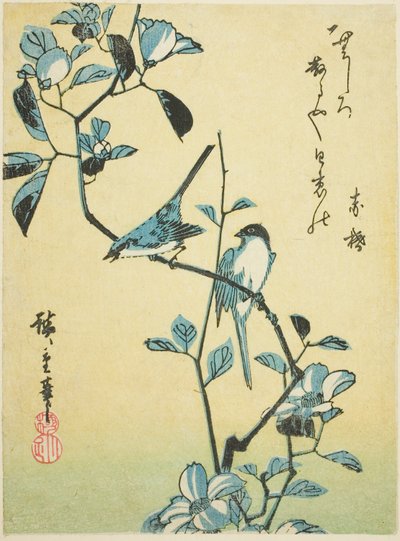 Fugler på kameliagren av Utagawa Hiroshige