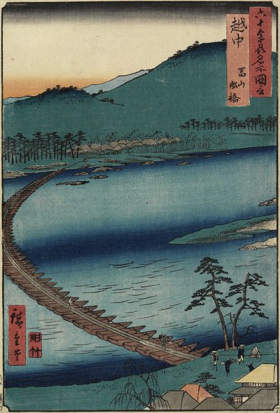 Båtbroen ved Toyama, Etchu_-provinsen, september 1853 av Utagawa Hiroshige