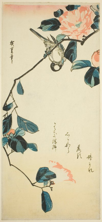 Bullfinch på kameliagren av Utagawa Hiroshige