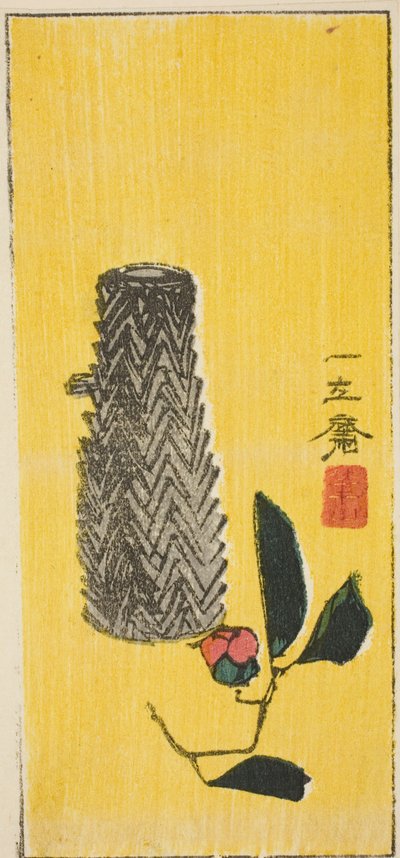 Camellia og kurv, del av et harimaze-ark uten tittel av Utagawa Hiroshige