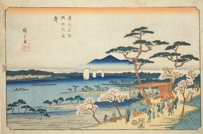 Kirsebærblomster i full blomst langs Sumida-elven (Sumidagawa hanazakari), fra serien "Famous Places in the Eastern Capital (Toto meisho)" av Utagawa Hiroshige