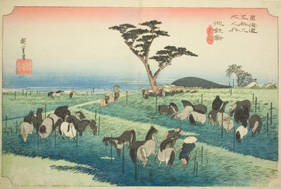 Chiryu: Early Summer Horse Market (Chiryu, shuka uma ichi), fra serien "Fifty-three Stations of the Tokaido (Tokaido gojusan tsugi no uchi)," også kjent som Hoeido Tokaido av Utagawa Hiroshige