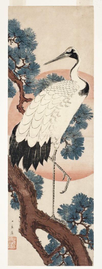 Trane i furutre ved soloppgang, 1850-55 (treblokk) av Utagawa Hiroshige