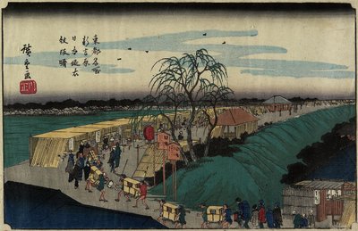 Daggry ved Emonzaka Hill i Nihon-zutsumi Bank, Shin-Yoshiwara, ca. 1830 av Utagawa Hiroshige