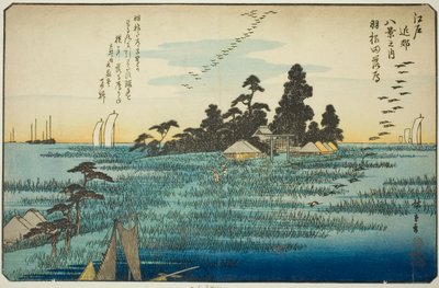Descending Geese at Haneda (Haneda no rakugan), fra serien "Eight Views in the Environs of Edo (Edo kinko hakkei no uchi)" av Utagawa Hiroshige