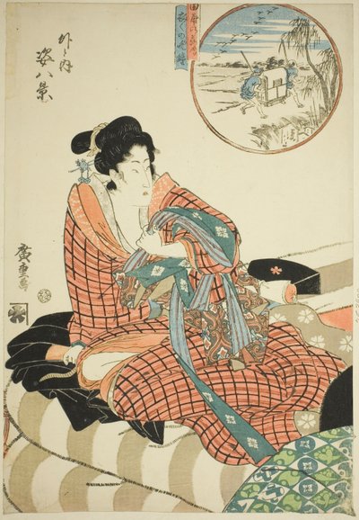 Descending Geese at the Rice Fields (Tanbo no rakugan) and Evening Bell of the Morning After (Kinuginu no bansho), fra serien "Eight Views of Figures Inside and Outside (Soto to uchi sugata hakkei)" av Utagawa Hiroshige