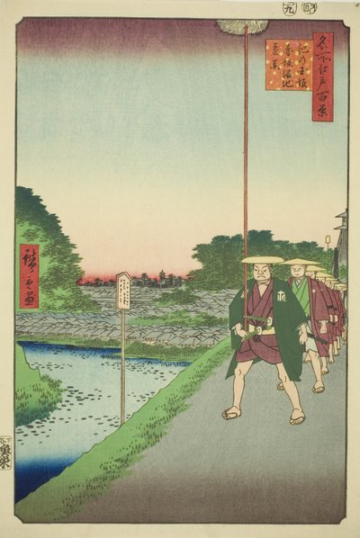 Distant View of Akasaka Reservoir from Kinokuni Slope (Kinokunizaka Akasaka Tameike enkei), fra serien "One Hundred Famous Views of Edo (Meisho Edo hyakkei)" av Utagawa Hiroshige