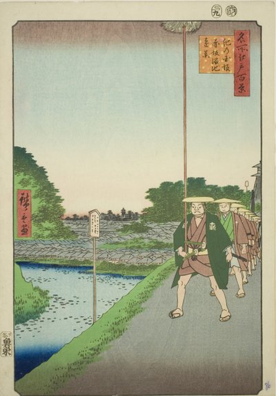 Distant View of Akasaka Reservoir from Kinokuni Slope (Kinokunizaka Akasaka Tameike enkei), fra serien "One Hundred Famous Views of Edo (Meisho Edo hyakkei)" av Utagawa Hiroshige