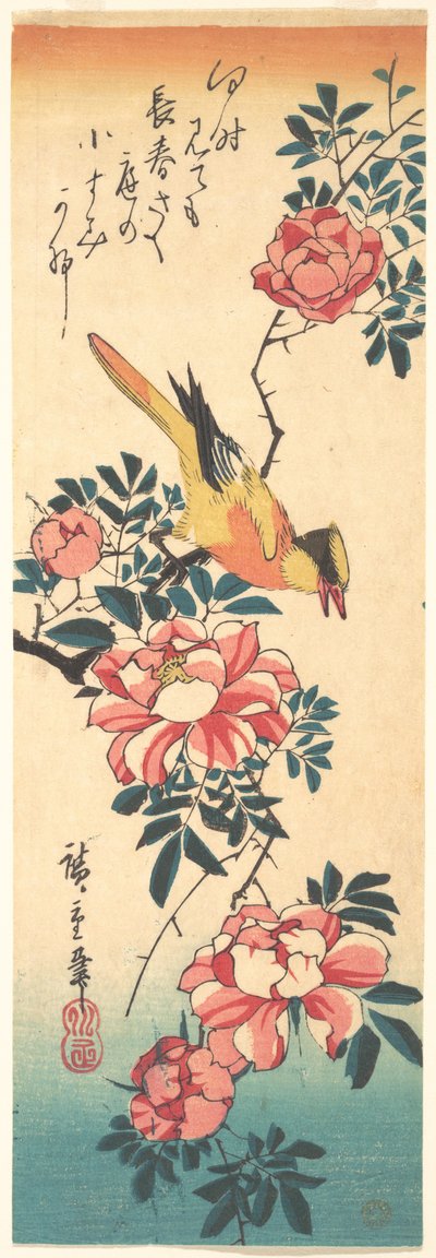 Östliche Grauwasserstelze und Rose av Utagawa Hiroshige