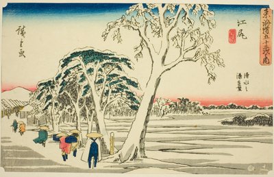 Ejiri: Distant View of Shimizu Harbor i klart vær etter snøfall (Ejiri, Shimizu no minato enbo, yukibare), fra serien "Fifty-three Stations of the Tokaido (Tokaido gojusan tsugi no uchi)," også kjent som Gyosho Tokaido av Utagawa Hiroshige